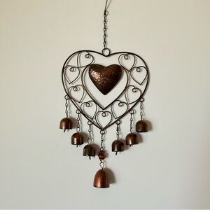 Handcrafted Metal Heart Wind Chime — Hammered Copper Heart, Bells & Glass Accent